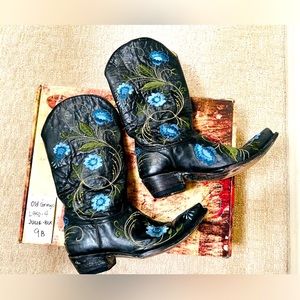 🤠 Old Gringo Julie size 9 Black Leather Flower Rhinestone Cowboy Boots PreLoved